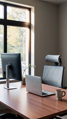 Dual monitor workspace Minimalist office desk with laptop and ergonomic chair.