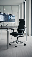 Dual monitor workspace Modern office chair and desk with dual monitors.
