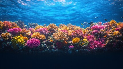 Naklejka premium Here's a possible and keyword list for your stock photo.. Vibrant coral reef teeming with marine life under a sunlit ocean.
