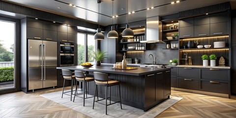 Modern Black Kitchen, Minimalist, High-End Appliances