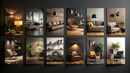 Modern Furniture Flyer Design, Vertical Layout, Diagonal Shapes, Dark Colors