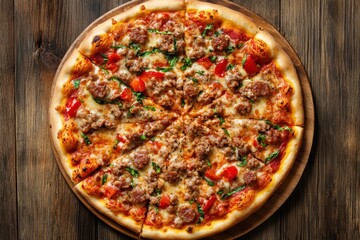 Overhead view of spicy sausage pizza on a wooden table