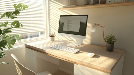 Sunlit Minimalist Home Office Workspace 3D Illustration