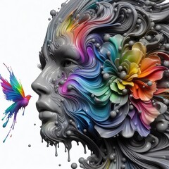 Digital rainbow ink splash painting of an unreal female face with paint drips and out of liquid wax. detailed expression