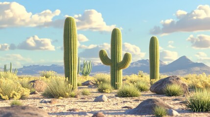 Serene Desert Landscape Featuring Three Unique Cacti Amongst Lush Vegetation and Rocky Terrain Under a Clear Blue Sky