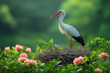 Fototapeta premium Elegant and poised, the stork stands as a symbol of grace and new beginnings. With its slender frame and striking plumage, this majestic bird embodies the beauty of wetlands and open skies.