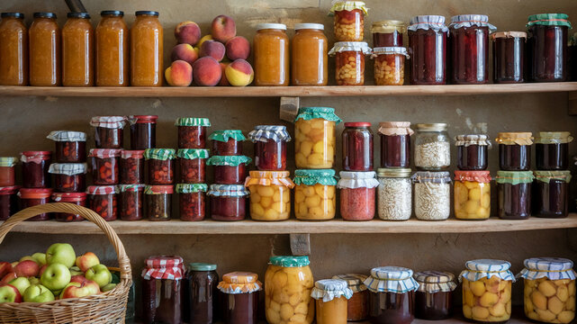 Illustration of home canned and preserved fruits vegetables pickles and jams or prepping for natural disasters