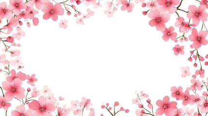 Vibrant pink flowers elegantly frame a blank white background, perfect for text display and adding a touch of charm to any design.