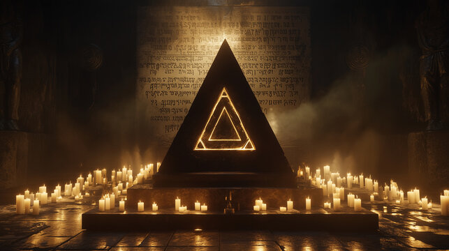 A dark altar featuring the Illuminati triangle symbol surrounded by candles, with ancient scripts engraved in the background