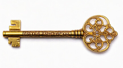 Handmade gold key with baroque designs and ornamental details, on white