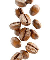 falling coffee beans isolated on white