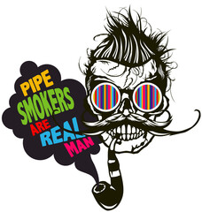 Tête de mort à moustache hipster skull moustachu et crane lunette de soleil rayer citation slogan bulle