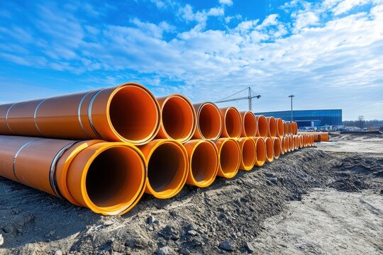 Piled large fiberglass sewage pipes at a construction site near Leipzig Halle airport under a blue sky with roadwork ongoing