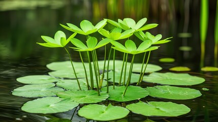 Vibrant green aquatic plants illustrating nature's beauty and tranquility in a serene pond setting.