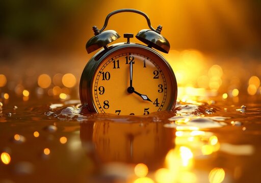 Clock submerged in water reflecting golden sunlight during sunset