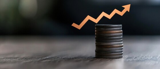 stack of coins on a wooden surface. The coins are arranged in a pyramid-like shape and are of different sizes. On top of the stack, there is an orange line graph that is pointing upwards.