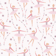Dancing ballerinas in different poses with fairy lights. Vector endless pattern on light rose background.