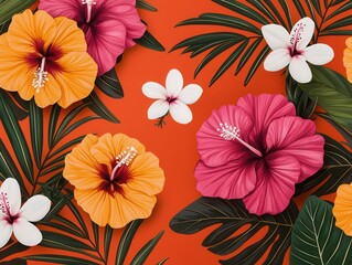 Colorful background with floral concept. Vibrant tropical flowers on a bold orange background.