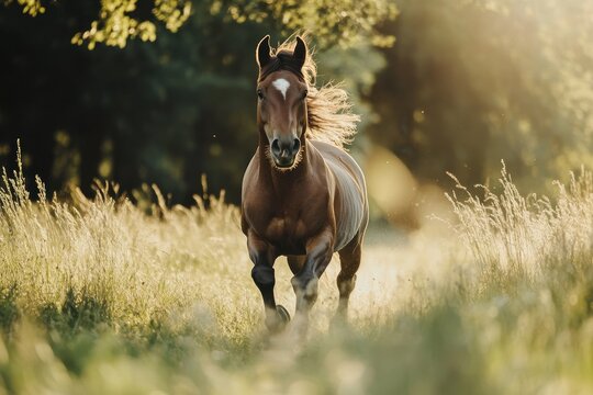 Pony from Germany cantering in a field