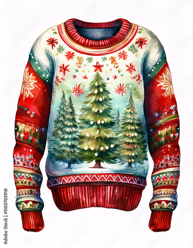 Wall mural A festive Christmas sweater with a red background and colorful Christmas trees