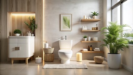 Minimalist Photography of a Serene Bathroom Setting Highlighting Toilets and Skin Care Products in a Soft, Neutral Color Palette for a Calming Atmosphere