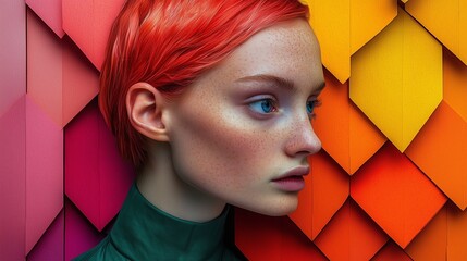 portrait of a woman face with pink and red hair standing on a background of rainbow wooden boards