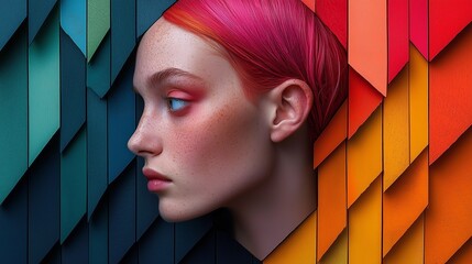 portrait of a person with pink and red hair standing on a background of rainbow wooden boards