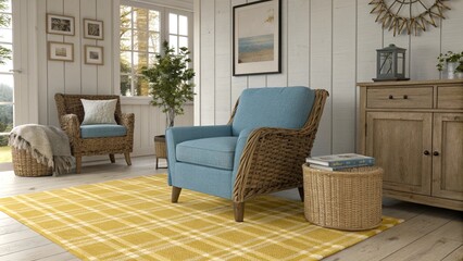 Obraz premium Modern interior living room features an armchair and decorative accessories against a white-colored wall- 3D rendering