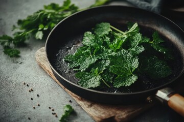Preparing green veggies Nutritious vegetarian pesto made with fresh and stinging nettles sautéed with garlic and spices