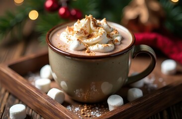 Hot chocolate with marshmallows, warm cozy Christmas drink in a wooden tray