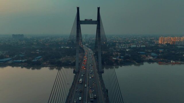 Vidyasagar Setu / Bridge over Ganga River Kolkata Drone View in Winter