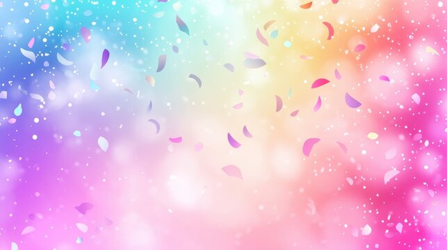 Colorful confetti falling in a softly blurred pastel background adorned with a decorative banner, ideal for adding personalized text.