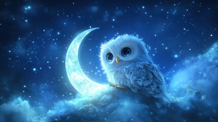 This enchanting image features a charming fluffy owl comfortably nested atop a glowing crescent moon