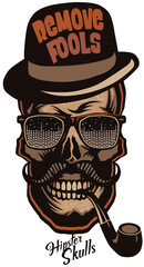 Tête de mort à moustache hipster skull moustachu et crane chapeau melon et la pipe