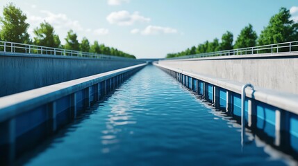 Fototapeta premium Clear blue water flowing through industrial channel surrounded by lush green trees under bright sky.