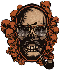 Tête de mort à moustache hipster skull moustachu et crane lunette de soleil multiple crâne et pipe
