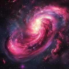 A vibrant spiral galaxy showcasing swirling shades of pink, purple, and gold against the backdrop of space.