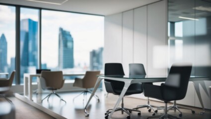 Soft blur  a modern office with workspace and a blurred view of a high-rise city outside the office window.