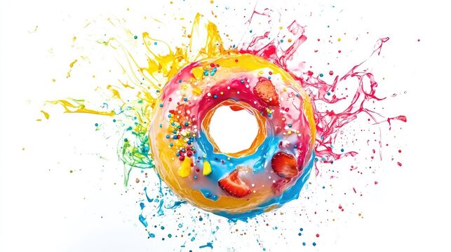 Vibrant donut splashed with colorful icing and sprinkles, showcasing an energetic design against a clean white backdrop.