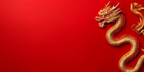 Fototapeta premium 2025 Chinese New Year firework gold concept. A vibrant golden dragon against a rich red background, symbolizing power and prosperity in Asian culture.