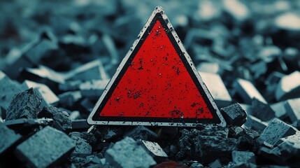 Close-up of a red triangular road sign on a dark, rocky surface, symbolizing caution and attention.