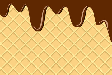 Chocolate ice cream on waffle background.