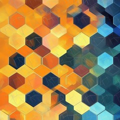 Obraz premium Vibrant abstract art featuring hexagonal shapes in warm orange and cool blue tones, creating a dynamic visual experience.