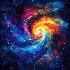 Vibrant swirling galaxy with bright colors of blue, purple, and orange, creating a mesmerizing cosmic scene.