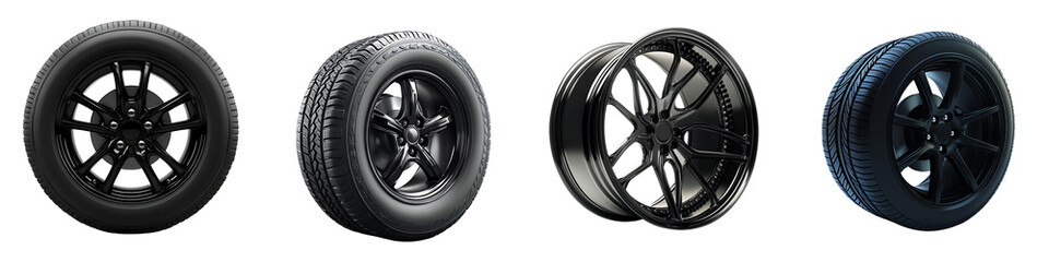 Obraz premium Set of an elegant car tire with a black wheel, isolated on a transparent background.