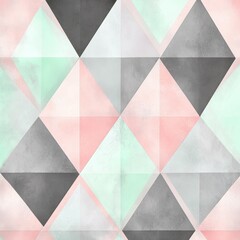 Abstract geometric pattern of pastel triangles in soft pink, mint green, and gray hues for a modern aesthetic.