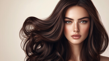 Naklejka premium Brunette Beauty with Luxurious Hair. Premium Hair Care Inspiration Image. Glossy Brown Hair Professional Photography