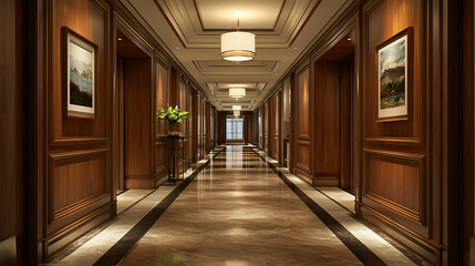 Wood-paneled hotel corridor, adding sophistication and warmth to the decor.