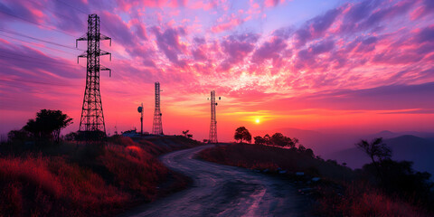 Vibrant Sunset over Mountain Road with Communication Towers