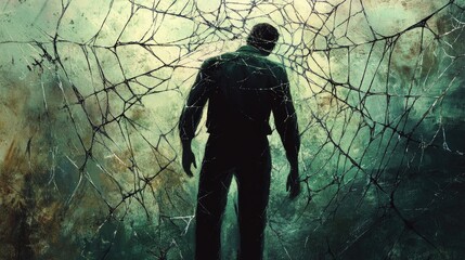Obraz premium Man trapped in a vast spider web, symbolizing the complexities and struggles associated with mental disorders and emotional entrapment.